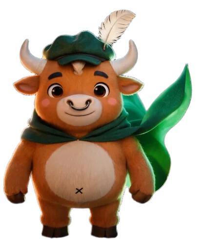 A BullQuest bull in a Robin Hood cap and cape